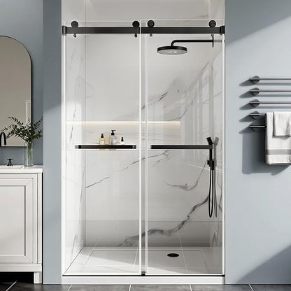 Frameless Stainless Steel Sliding Shower Door, 44-48" W x 76" H - 5/16" (8mm) Thick Tempered Glass Rust-Proof Glass Shower Door with Dual Tracks in Matte Black