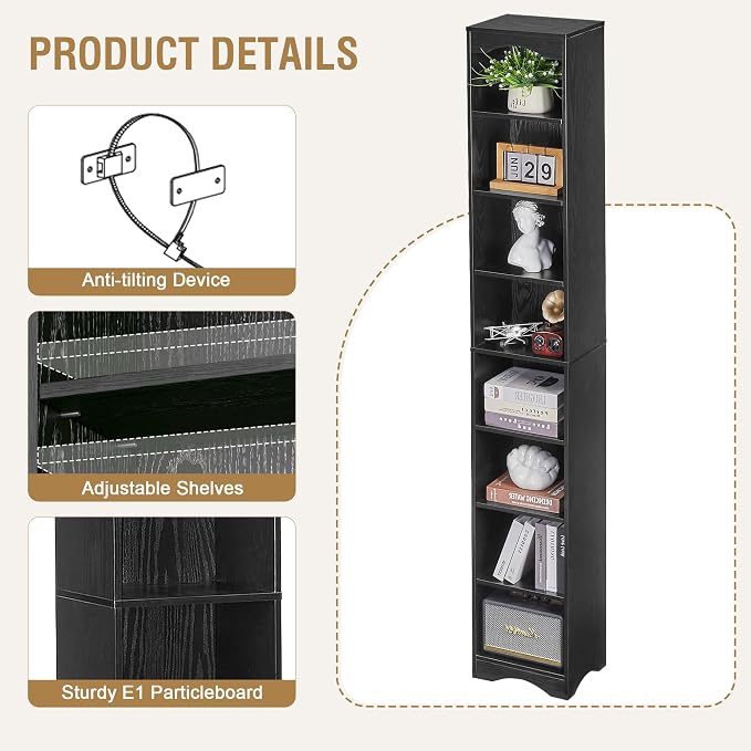 VECELO Curved Top Narrow Tall Bookshelf, 6 Adjustable Movable Shelves, Wood Space Saving Corner Storage Organizer, Sleek Black