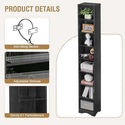 VECELO Curved Top Narrow Tall Bookshelf, 6 Adjustable Movable Shelves, Wood Space Saving Corner Storage Organizer, Sleek Black