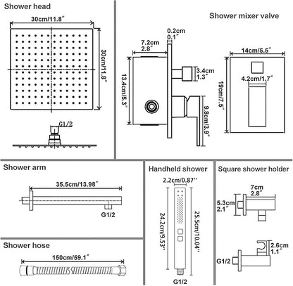 RUMOSE Brushed Gold Rainfall Shower System 12 Inch High Pressure Square Shower Head with 2 in 1 Handheld Spray Wall Mount Brass Bathroom Shower Faucet Set with cUPC Certified Rough-in Valve