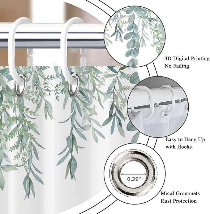 Botanical Shower Curtains, Watercolor Eucalyptus Leaf Plant Green Bathroom Curtain for Bathtub Home Decoration Waterproof Fabric Machine Washable with 12 Hooks, 72''Lx36''W (GCI-10467)