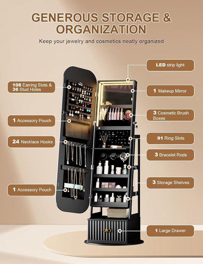 Jewelry Cabinet with RGB Mirror and Foldable Makeup Shelf - Black | SKKTKT Standing Jewelry Armoire - Rotating Storage, RGB Mirror and Foldable Makeup Shelf