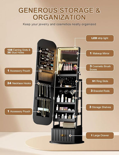 Jewelry Cabinet with RGB Mirror and Foldable Makeup Shelf - Black | SKKTKT Standing Jewelry Armoire - Rotating Storage, RGB Mirror and Foldable Makeup Shelf