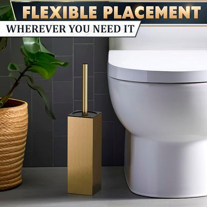 Gold Toilet Brush and Holder Set, Stainless Steel (Square) | Toilet Brush with Holder Set for Bathroom, Splash Protection & Dense Bristles for Bathroom Cleaning, Removable Inner Bowl