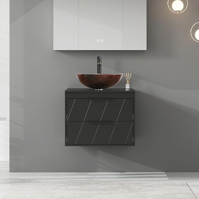 eclife 24" Floating Bathroom Vanities with Sink Combo, Wall Mounted Modern Cabinet W/Diamond Line Pattern Design, Brown Round Glass Vessel Sink W/Water Save Faucet & Pop Up Drain, Black