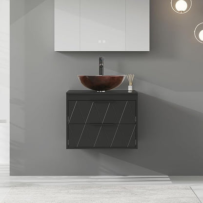 eclife 24" Floating Bathroom Vanities with Sink Combo, Wall Mounted Modern Cabinet W/Diamond Line Pattern Design, Brown Round Glass Vessel Sink W/Water Save Faucet & Pop Up Drain, Black