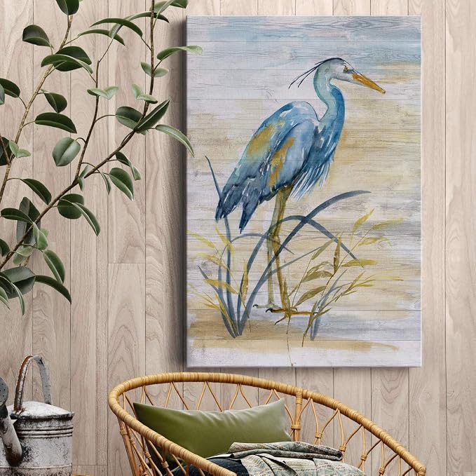 Renditions Gallery Canvas Animal Wall Art Modern Paintings & Prints Decorations Blue Resting Heron Abstract Nature Wall Hanging Artwork for Bedroom Living Room Office Kitchen - 18"x27" LT02