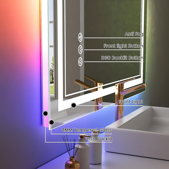 28x32 Inch RGB LED Bathroom Mirror with Lights | Front and RGB Backlit, Dimmable, Memory, Anti Fog, Shatterproof, Horizontal/Vertical, Lighted Mirrors for Bathroom Wall
