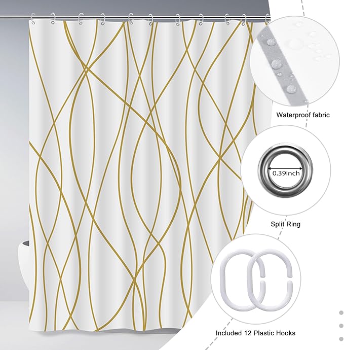 Striped Shower Curtain for Bathroom, Gold Light Brown White, 72x78 | with Hooks, Modern Hotel Style, Water Repellent, Washable, Weighted Hem