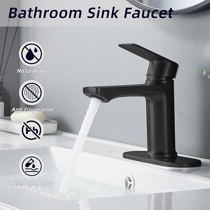 BELZ Black Bathroom Sink Faucet Single Handle Bath Vanity Sink Faucets One Hole with Pop Up Drain and Deck Plate for 1 or 3 Holes Modern Washroom Faucet Matte Black