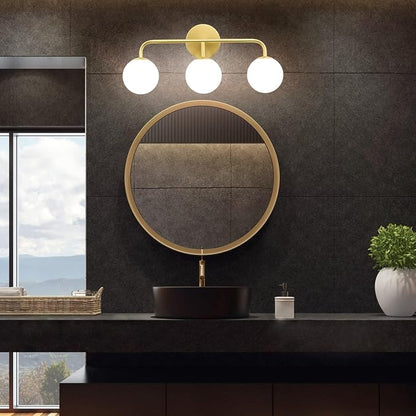 Gold Bathroom Vanity Lights, Mid Century Modern 3-Light Bathroom Lighting Fixtures Over Mirror, Brushed Gold Bathroom Lights Wall Sconce with Frosted Globe Milk Glass Shade, Wall Mount Light Fixture