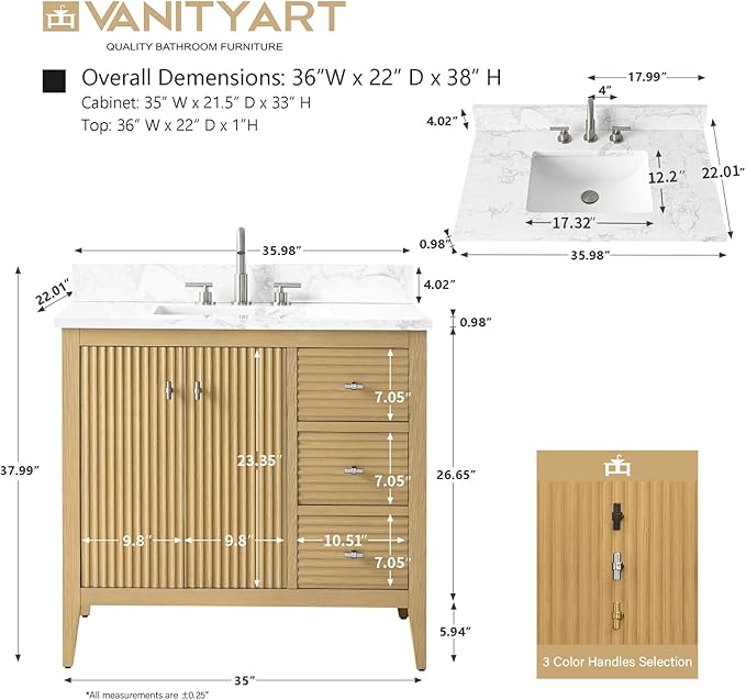 Vanity Art 36 inch Oak Bathroom Vanity with Single Sink & Ceramic Top, Vanity Cabinet with Soft-Closing Door, Solid Wood Frame, Linear Pattern, Natural Oak, VA9136-NO-MB,Matte Black Handles
