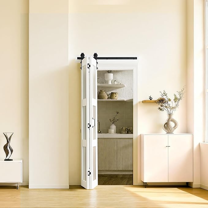 VEVOR Bifold Barn Door, 36" x 84", Frosted Glass Barn Door with Header Board and Hardware Kit Included, Space-Saving Design, Pre-Assembled Panels, Waterproof & Quiet, White