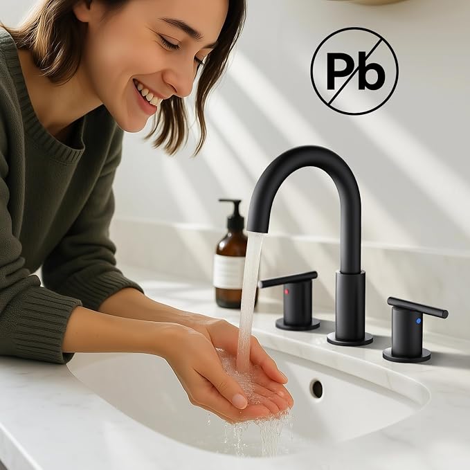 Bathroom Faucet 8 Inch, Matte Black 2 Handle Widespread Sink Faucet | Widespread faucet with 360° rotating spout, double handles and pop-up drain for bathroom vanity and sink upgrades.