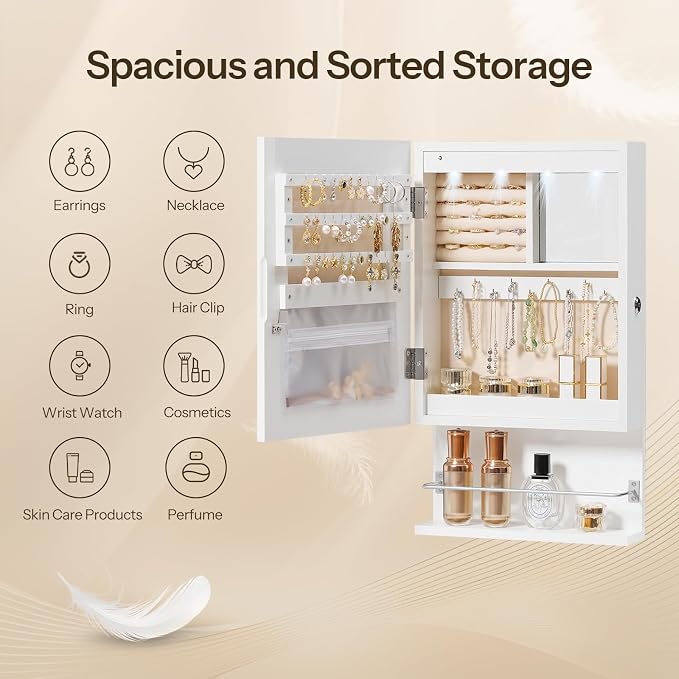 HOOBRO Wall Mounted Jewelry Cabinet, LED Jewelry Armoire with Interior Mirror, Hanging Jewelry Organizer for Wall, Lockable Jewelry Storage Cabinet, 3.9 x 11.8 x 20.9 Inches, White