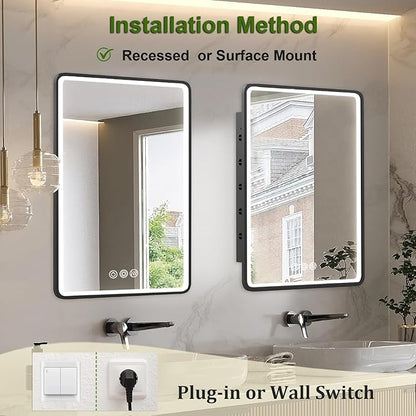 LED Medicine Cabinet Mirror for Bathroom 20x26 Inch, Recessed Medicine Cabinets with Lights, Anti-Fog Bathroom Mirror with Storage, Black Metal Frame, Adjustable Shelves, 3 Color Dimming