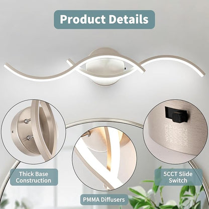 Brushed Nickel Curved 5CCT Bathroom Vanity Light Fixture Over Mirror, 23.62 inch Modern LED Wall Lamp Dimmable Bathroom Light Fixture Modern Wall Sconces