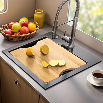 YITAHOME 15in Small Black Drop In RV Sink Workstation, Top Mount Stainless Steel Nano Gunmetal Black Small Kitchen Sink with Grid, Cutting Board, Rolling Rack for Workstation, Bar, 15 x 15 x 9 in