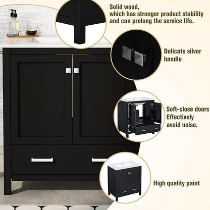 LUMISOL 60" Bathroom Vanity with Double Sink, Solid Wood Bathroom Cabinet with 2 Drawers, Storage Racks & 2 Cabinets, Separate Two 30 Inch Bathroom Vanities with Double Ceramic Sinks, Black