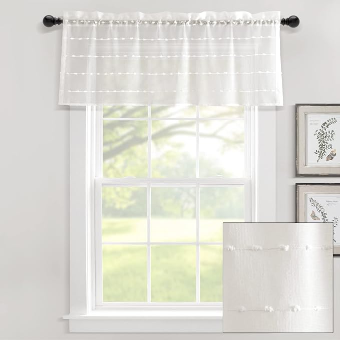 Lush Decor Farmhouse Textured Sheer Window Curtain Valance, 52"W x18"L, White