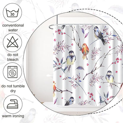 AWERT Cheery Birds on Tree Branch Shower Curtain for Bathroom Bird Shower Curtain with Hooks Colorful Waterproof Fabric Bathroom Accessories Bathtub Decor 72x78inch