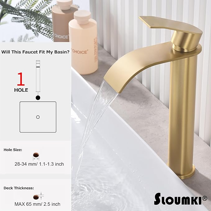 Brushed Gold Vessel Sink Faucet, High Bathroom Sink Faucet, High Waterfall Bathroom Faucet, Single Handle Basin Faucet, Come with Water Hose and Metal Pop Up Drain Without Overflow Hole