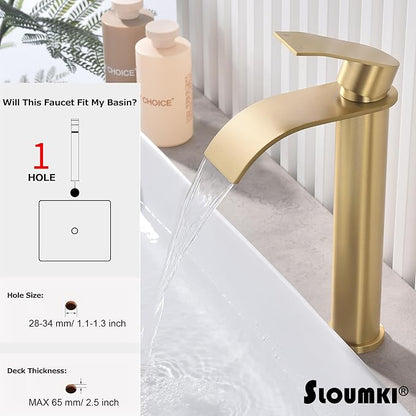 Brushed Gold Vessel Sink Faucet, High Bathroom Sink Faucet, High Waterfall Bathroom Faucet, Single Handle Basin Faucet, Come with Water Hose and Metal Pop Up Drain Without Overflow Hole