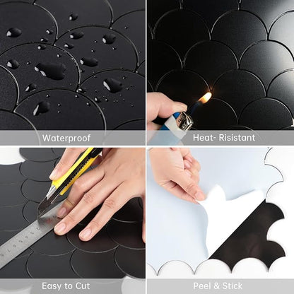 Fish Scale Black Peel and Stick Backsplash Tile, Fan Mosaic Self Adhesive Wall Tiles for Kitchen Bathroom-12 Sheet