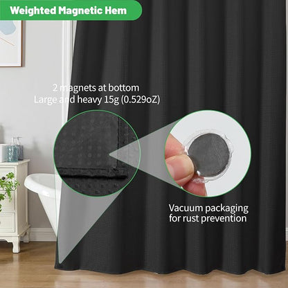 No Hook Waffle Shower Curtain, No Liner Needed Separate, 71x77 Inch, Black | 100% waterproof TPU-laminated backing, magnetic weighted hem, machine washable, shower curtain set for bathroom or hotel use