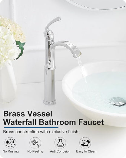 Tall Waterfall Bathroom Faucet Chrome, Single Handle Brass Vessel Faucet, Tall Faucet for Bathroom Sink, Bathroom Vanity Faucets 1 Hole with Pop up Drain Water Lines