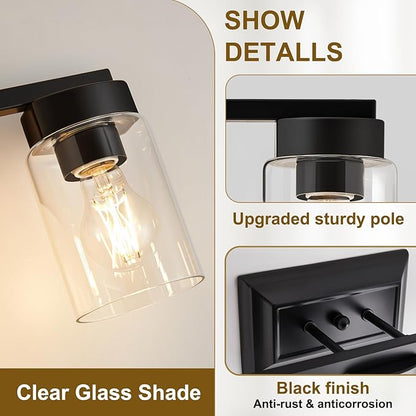 Bathroom Lights Over Mirror, 3 Light Bathroom Light Fixtures with Clear Glass Shade Modern Matte Black Vanity Lights Lighting for Bathroom, Mirror, Living Room, Bedroom, Hallway