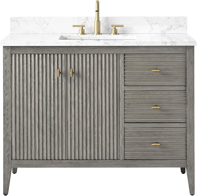 Vanity Art 42 inch Bathroom Vanity with Single Sink & Ceramic Top, Vanity Cabinet with Soft-Closing Door, Solid Wood Frame, Linear Pattern, Driftwood Gray, Golden Brushed Handware VA9142-DG-GB