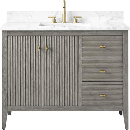 Vanity Art 42 inch Bathroom Vanity with Single Sink & Ceramic Top, Vanity Cabinet with Soft-Closing Door, Solid Wood Frame, Linear Pattern, Driftwood Gray, Golden Brushed Handware VA9142-DG-GB