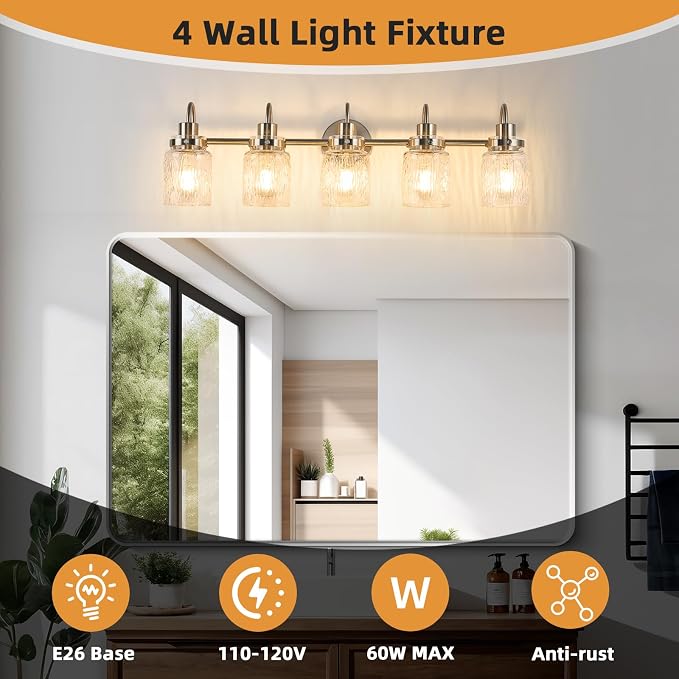 5 Lights Bathroom Vanity Light, Brushed Nickel Bathroom Light Fixtures with Hammered Glass Lampshade for Dressing Table,Over Mirror,Hallway