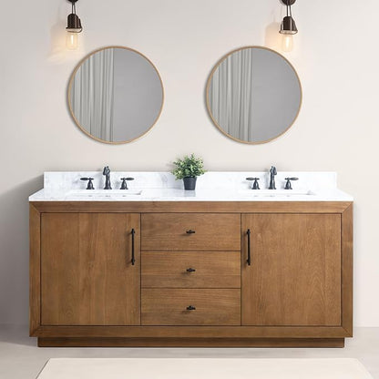 Vanity Art 72 inch Double Sink Bathroom Vanity, Solid Poplar Wood, Vanity Cabinet with Doors and Shelf, Modern Wood Bathroom Vanity with White Marble Top 3 Functioning Drawers, VA70-72-DT-E