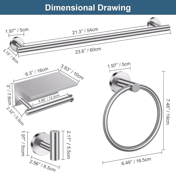 Brushed Nickel Bathroom Hardware Set, 5 Pieces Towel Bar Bathroom Accessories, Upgraded Toilet Paper Holder with Shelf Set, 23.6 Inch Towel Rack Towel Holder for Bathroom Wall