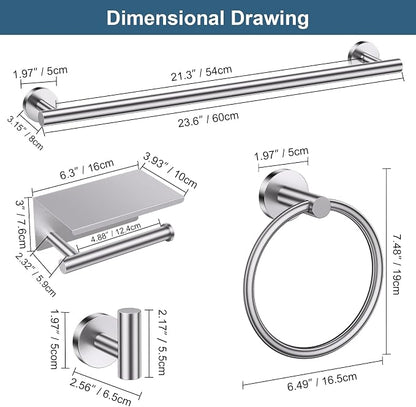 Brushed Nickel Bathroom Hardware Set, 5 Pieces Towel Bar Bathroom Accessories, Upgraded Toilet Paper Holder with Shelf Set, 23.6 Inch Towel Rack Towel Holder for Bathroom Wall