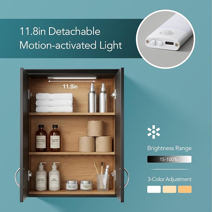 VANIRROR Bathroom Wall Mounted Cabinet with Motion Sensor Light | 23.6 x 28 x 8.3 in Black Over Toilet Medicine Cabinet, 2-Door Wood Storage Cabinet with Adjustable Shelves, Soft Close Hinges