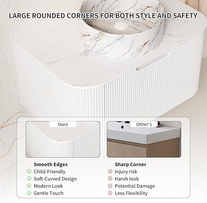 Yayzy 30" Floating Bathroom Vanity with Sink, Solid Wood Fluted Cabinet, White Marble-Patterned Ceramic Basin & Faux Marble Top, Soft-Close Drawer, Pre-Assembled, White