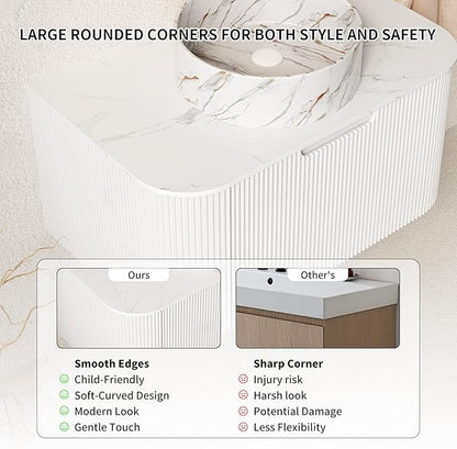 Yayzy 24" Floating Bathroom Vanity with Sink, Solid Wood Fluted Cabinet, White Marble-Patterned Ceramic Basin & Faux Marble Top, Soft-Close Drawer, Pre-Assembled, White