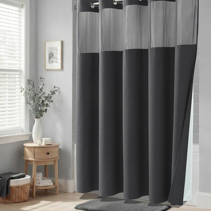 Charcoal Grey Hook Free Waffle Shower Curtain & Snap Liner,60x75 | Less Time to install, 3 in 1 Fabric Shower Curtain and Liner Set with Magnets, Stall, Shower Curtains for Bathroom