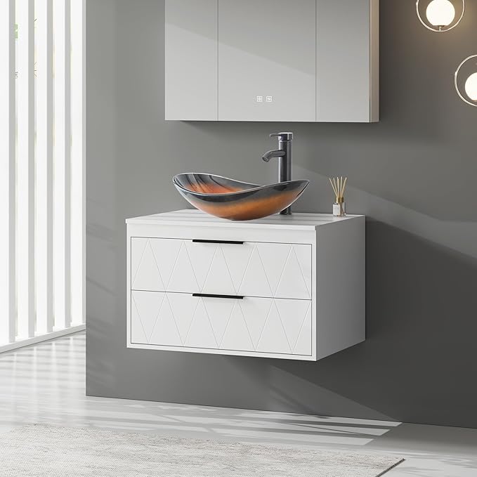 eclife 30" Floating Bathroom Vanities with Sink Combo, Wall Mounted Modern Cabinet W/Diamond Line Pattern Design, Brown Boat Glass Vessel Sink W/Water Save Faucet & Pop Up Drain, White