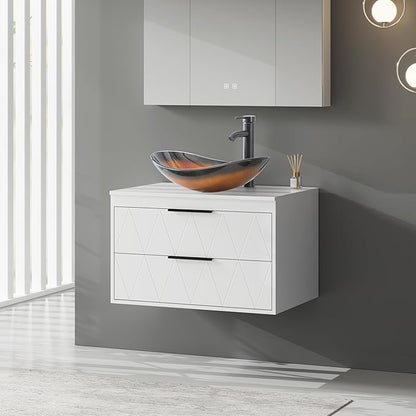 eclife 30" Floating Bathroom Vanities with Sink Combo, Wall Mounted Modern Cabinet W/Diamond Line Pattern Design, Brown Boat Glass Vessel Sink W/Water Save Faucet & Pop Up Drain, White
