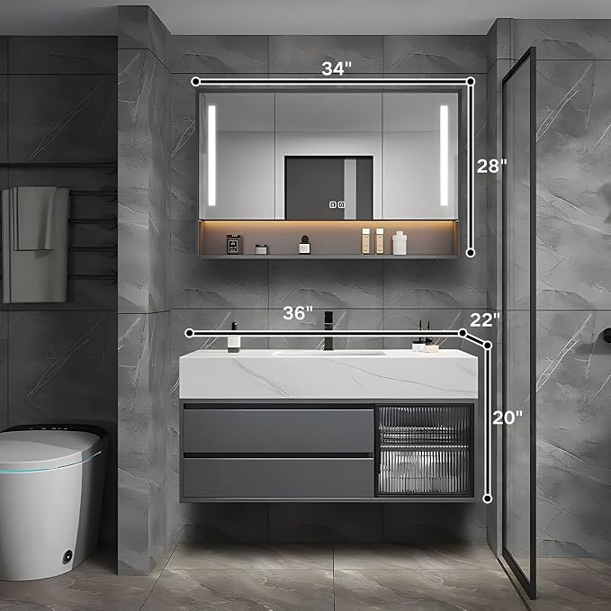 36" Floating Bathroom Vanity,Bathroom Vanity with Sink Set Includes Open LED Smart Defog Mirror Cabinet, Modern Bath Vanity with Drawers,Wall-Mounted Bathroom Vanities,Dark Grey