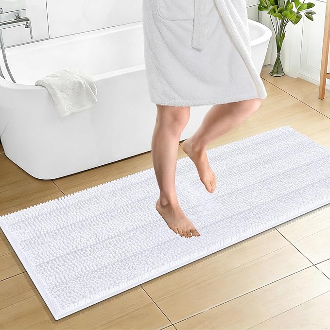 OLANLY Thick Bathroom Runner Rugs 59x20, Chenille Long Bath Rugs, White | Soft Absorbent Striped, Rubber Backing, Machine Wash, Bath Mats for Bathroom Floor, Tub and Shower, Home Decor Accessories