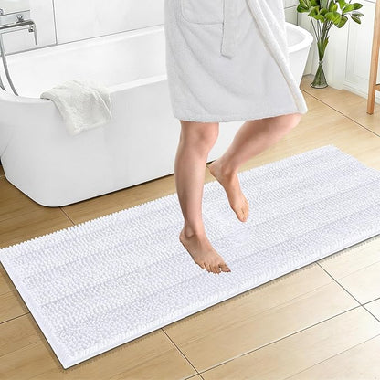OLANLY Thick Bathroom Runner Rugs 59x20, Chenille Long Bath Rugs, White | Soft Absorbent Striped, Rubber Backing, Machine Wash, Bath Mats for Bathroom Floor, Tub and Shower, Home Decor Accessories