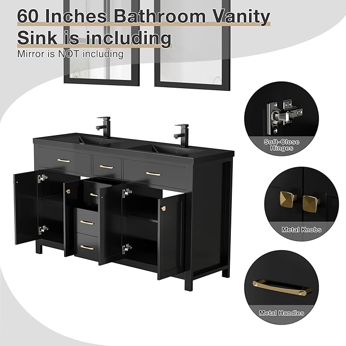 LUCKWIND 60" Bathroom Vanity and Sink Combo, Painted Modern Bathroom Storage Cabinet with Double Black Sink, Four Doors and Three Drawers, Include Faucet, Without Mirror, Black