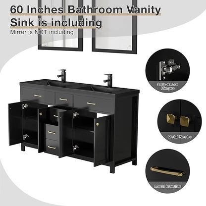 LUCKWIND 60" Bathroom Vanity and Sink Combo, Painted Modern Bathroom Storage Cabinet with Double Black Sink, Four Doors and Three Drawers, Include Faucet, Without Mirror, Black