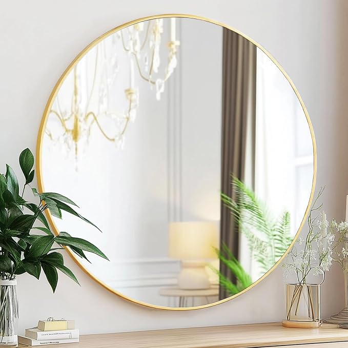 Small Round Mirror, 16 inch Gold Circle Mirror, Brushed Metal Frame | High Definition Mirror, Waterproof, Easy Installation, Circular Mirrors for Vanity, Nursery, Bedroom, Wall Décor