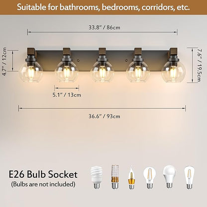 Farmhouse Bathroom Vanity Light Fixtures, 5-Light Wood Bathroom Light Fixtures Over Mirror, Rustic Vanity Lighting with Glass Shade for Living Room, Bedroom, Hallway